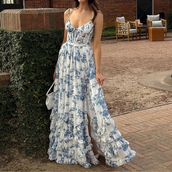 V. Chapman Dresses & Skirts - New V. Chapman Carmen Corset Front-Slit Ruffled Gown Dress in Blue Provençal